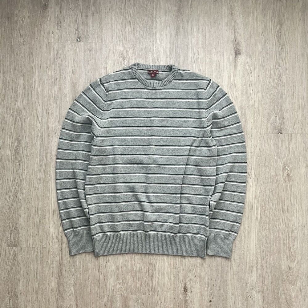 Merona Striped Crewneck Sweater Mens M Gray White Retro Pullover